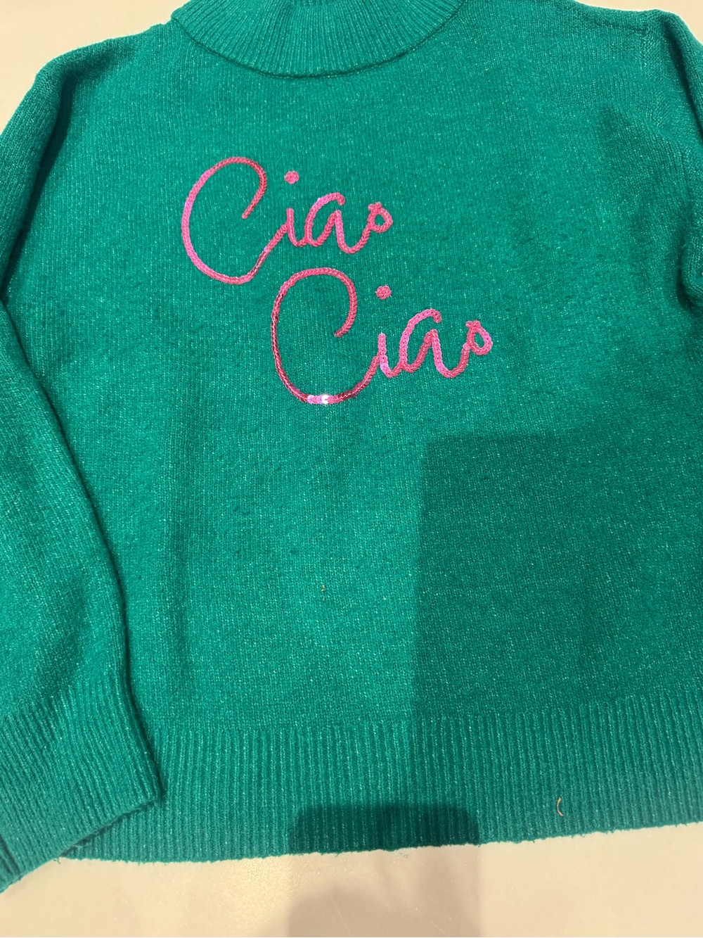 a new day Teal Turtleneck Sweater with Pink "Ciao Ciao" Script
